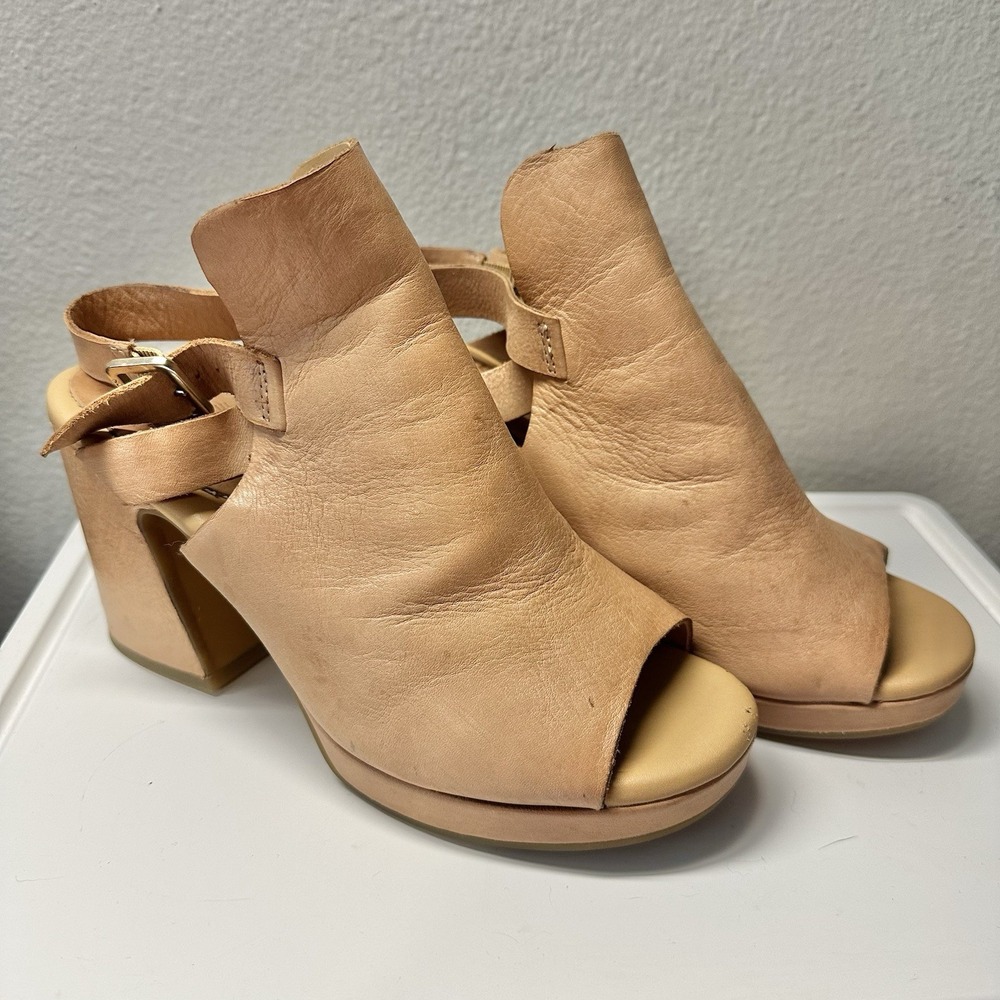 Kork-Ease Leather Peep Toe Block Heel Sandals Tan Womens Size 7M Slingback